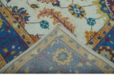 Ivory and Blue Hand Knotted Traditional Design 8x10 wool Area Rug
