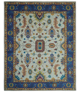 Ivory and Blue Hand Knotted Traditional Design 8x10 wool Area Rug