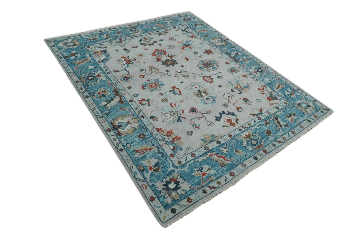Ivory and Blue Hand knotted Traditional Oushak wool Area Rug