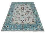 Ivory and Blue Hand knotted Traditional Oushak wool Area Rug