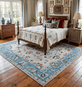 Ivory and Blue Hand knotted Traditional Oushak wool Area Rug