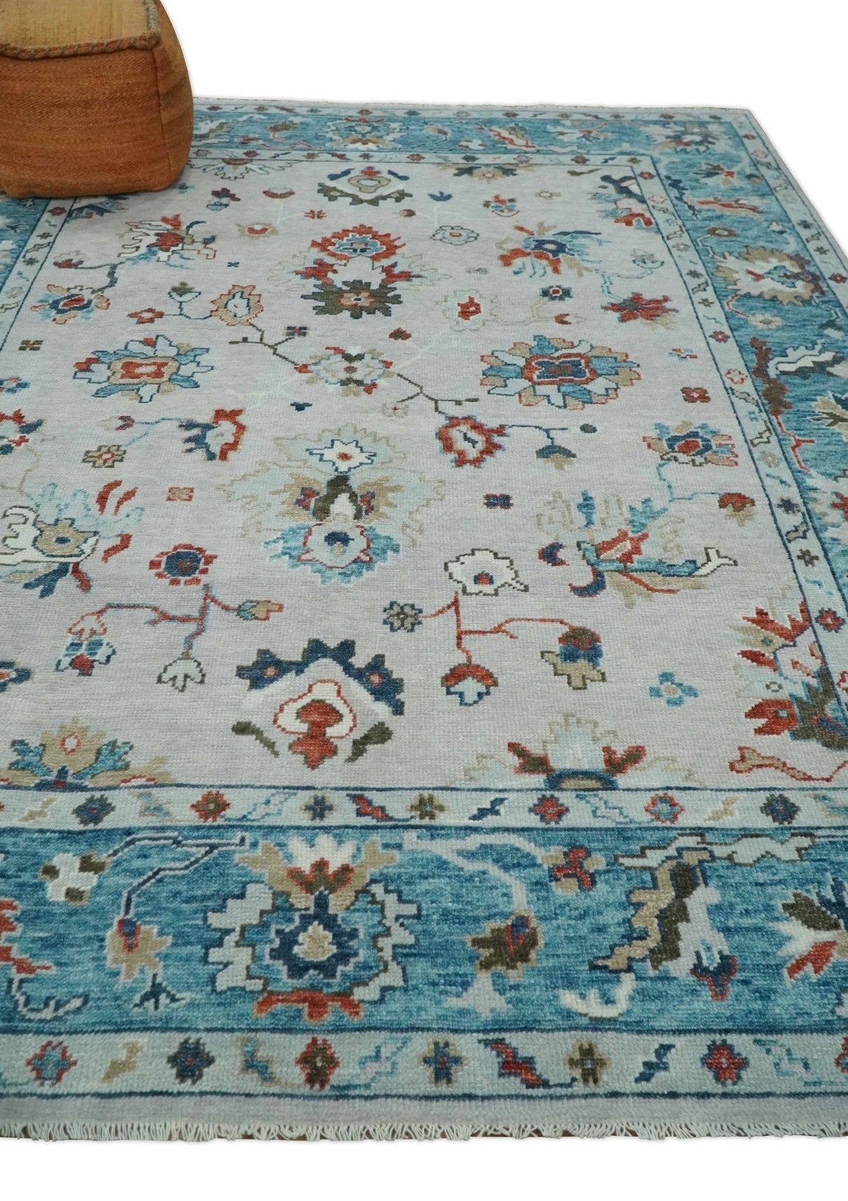 Ivory and Blue Hand knotted Traditional Oushak wool Area Rug