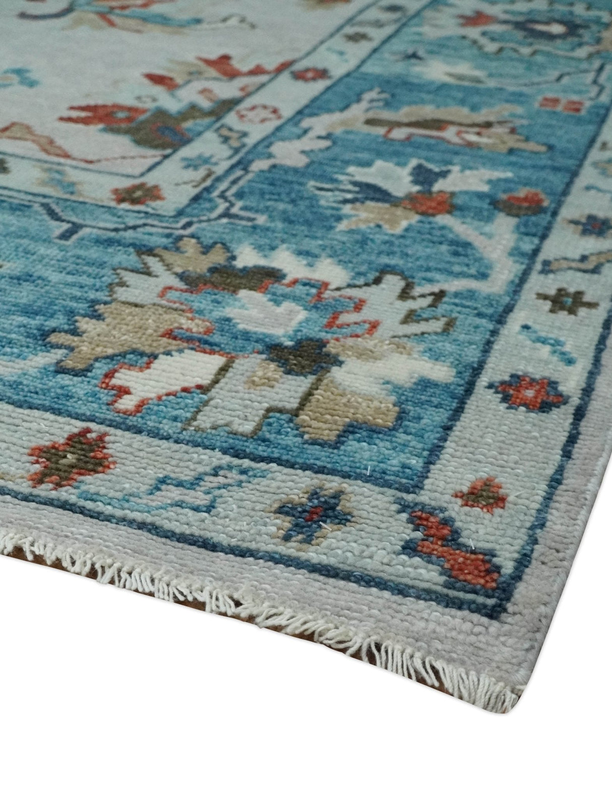 Ivory and Blue Hand knotted Traditional Oushak wool Area Rug