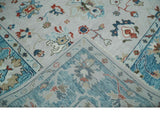 Ivory and Blue Hand knotted Traditional Oushak wool Area Rug