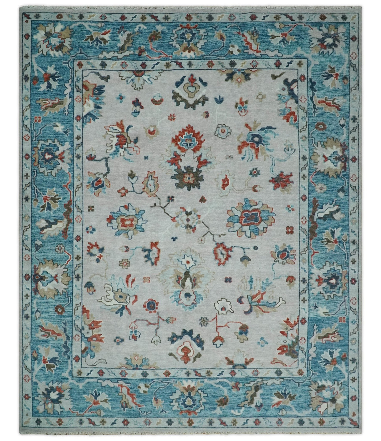 Ivory and Blue Hand knotted Traditional Oushak wool Area Rug