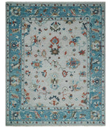 Ivory and Blue Hand knotted Traditional Oushak wool Area Rug
