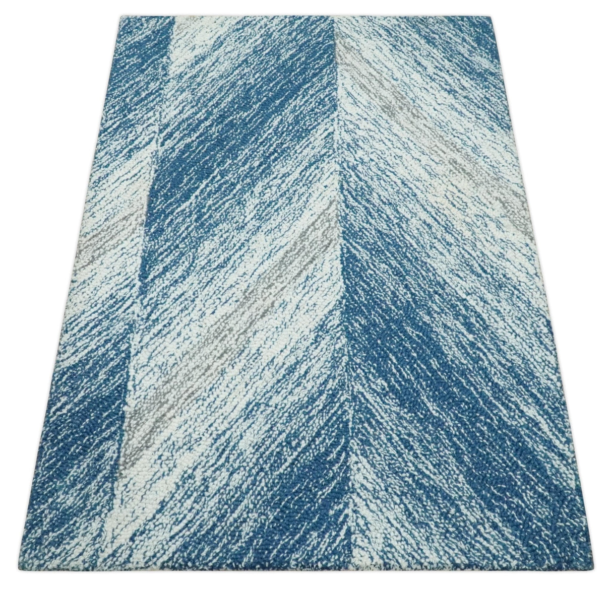 Ivory And Blue Modern Abstract Hand Woven Wool Area Rug