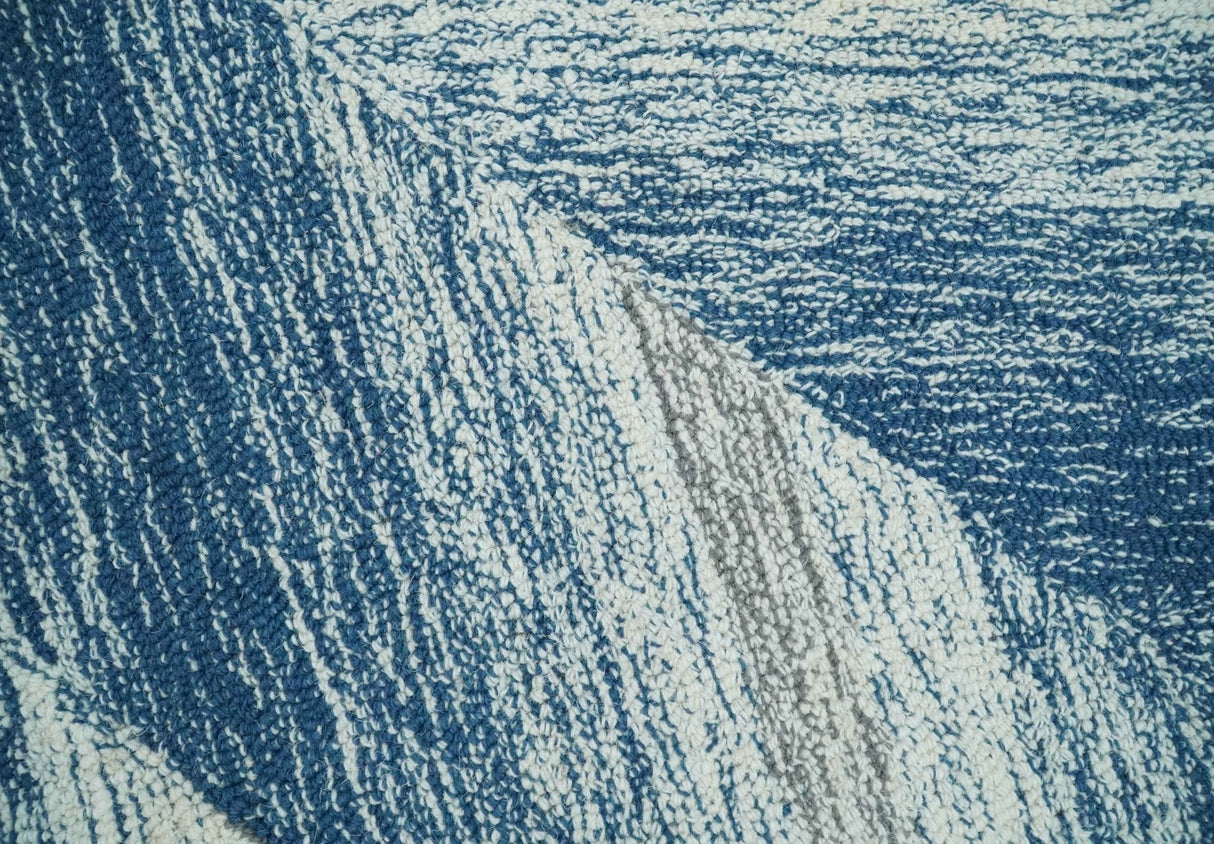 Ivory And Blue Modern Abstract Hand Woven Wool Area Rug
