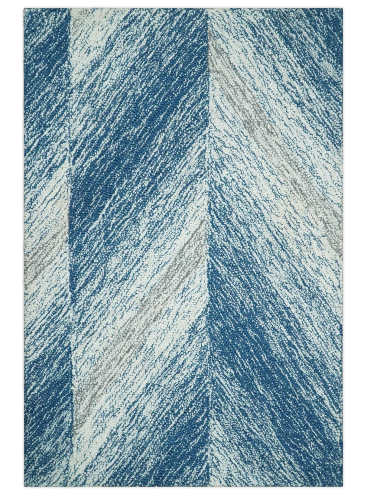 Ivory And Blue Modern Abstract Hand Woven Wool Area Rug