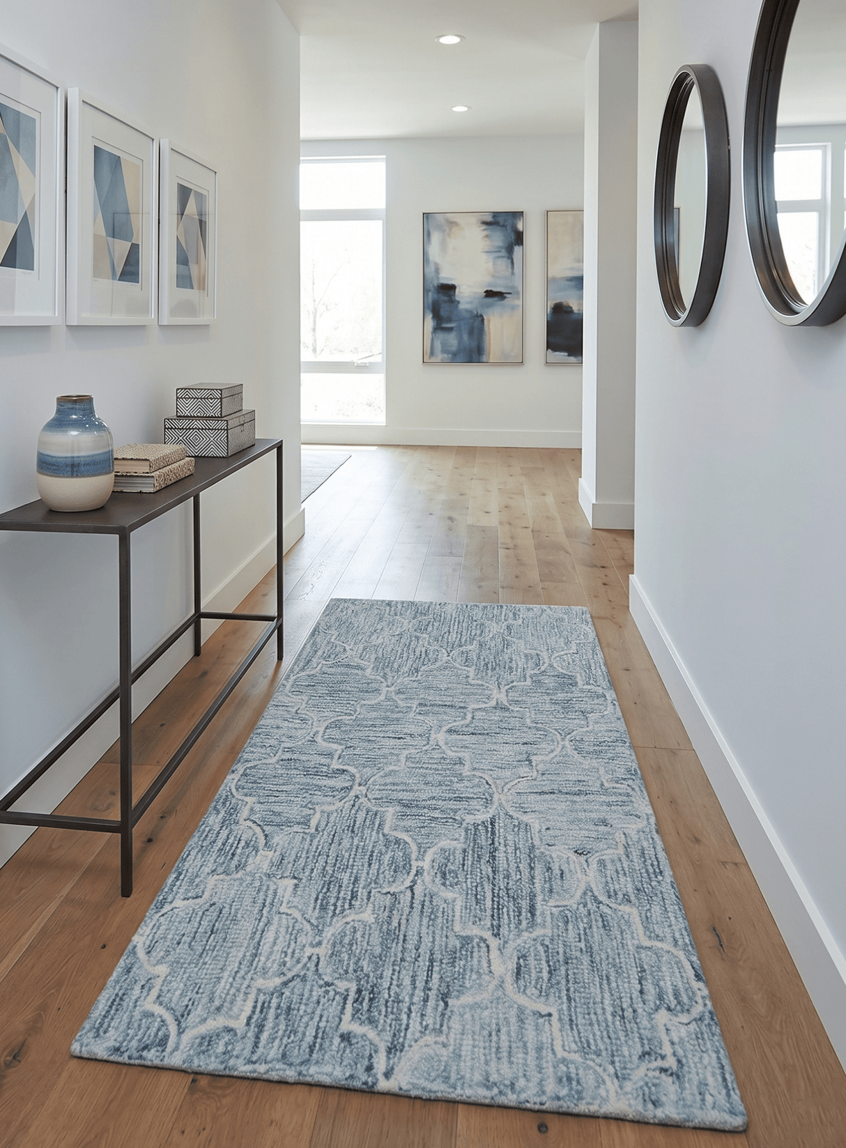 Ivory and Blue Modern Geometric Hand Tufted Multi Size Natural Wool Area Rug