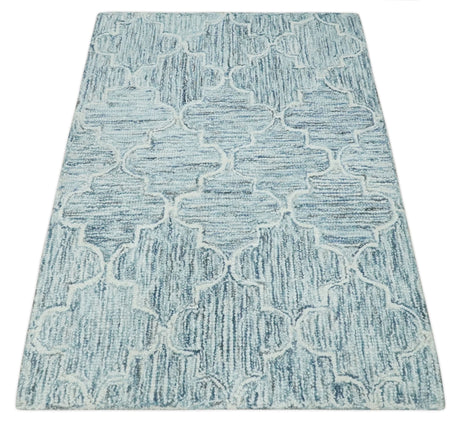 Ivory and Blue Modern Geometric Hand Tufted Multi Size Natural Wool Area Rug