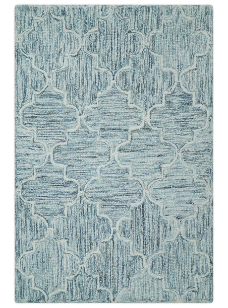 Ivory and Blue Modern Geometric Hand Tufted Multi Size Natural Wool Area Rug