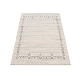 Ivory And Blue Tribal Border Design Hand Loomed Wool Area Rug