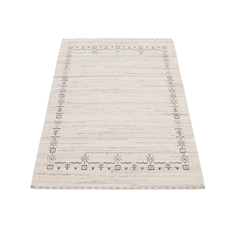 Ivory And Blue Tribal Border Design Hand Loomed Wool Area Rug