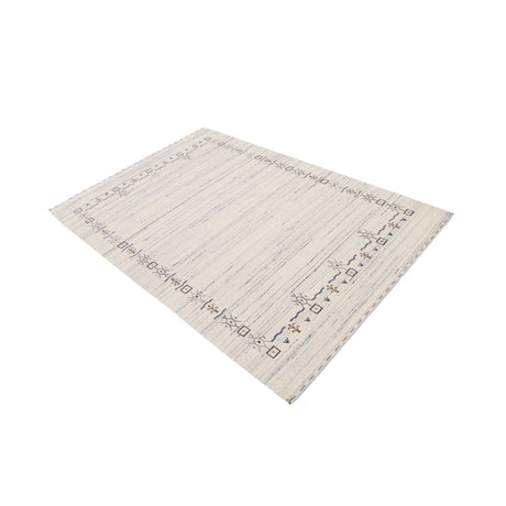 Ivory And Blue Tribal Border Design Hand Loomed Wool Area Rug