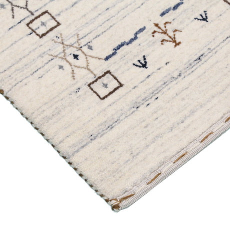 Ivory And Blue Tribal Border Design Hand Loomed Wool Area Rug