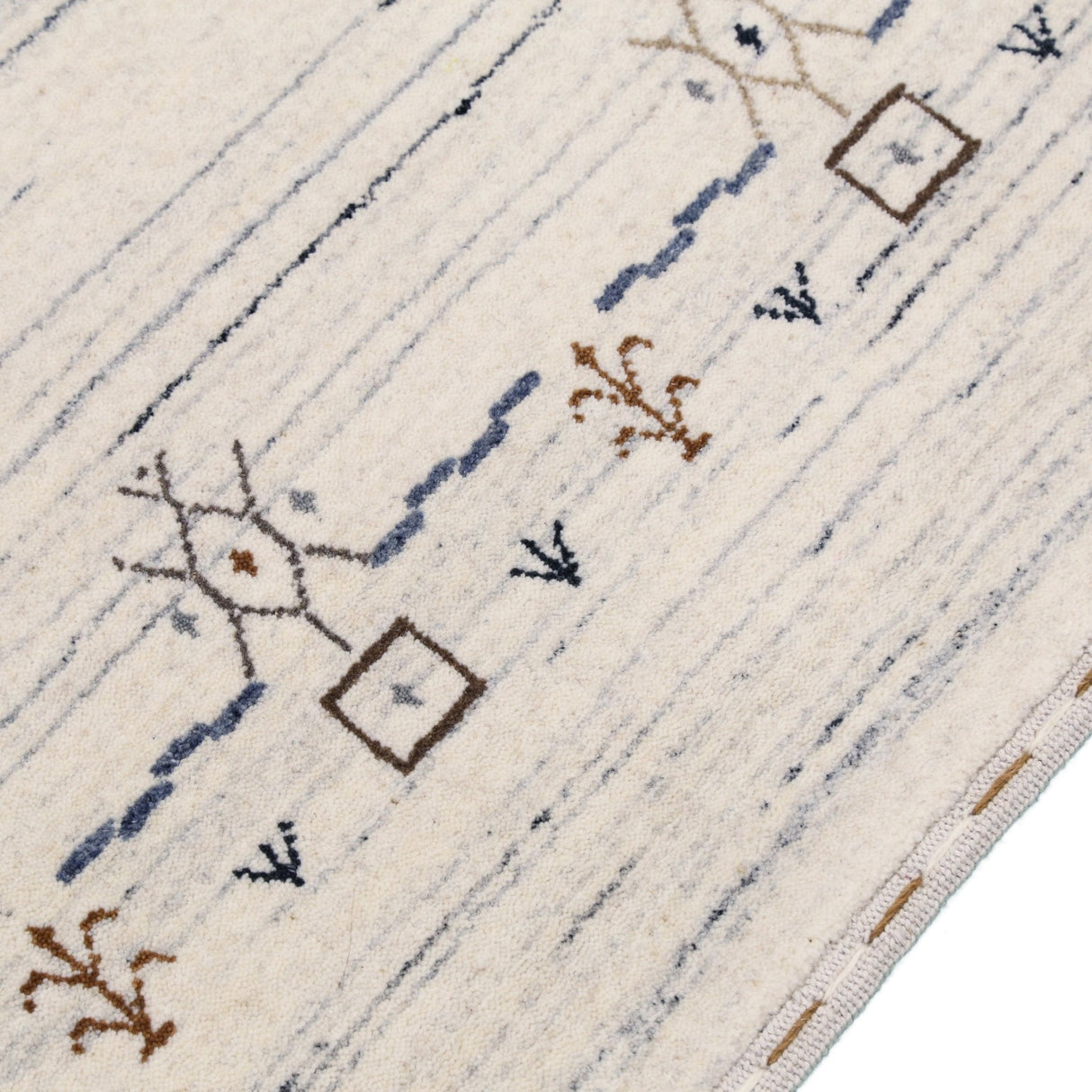 Ivory And Blue Tribal Border Design Hand Loomed Wool Area Rug