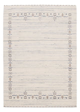 Ivory And Blue Tribal Border Design Hand Loomed Wool Area Rug