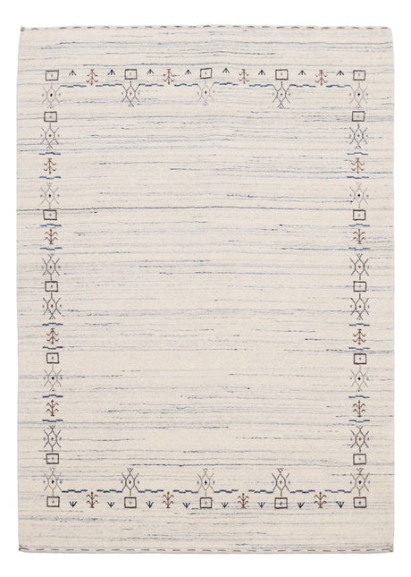 Ivory And Blue Tribal Border Design Hand Loomed Wool Area Rug