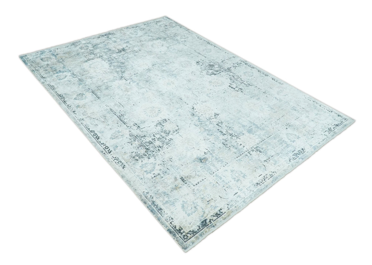 Ivory And Blue Vintage Design Modern Abstract Art Silk Area Rug