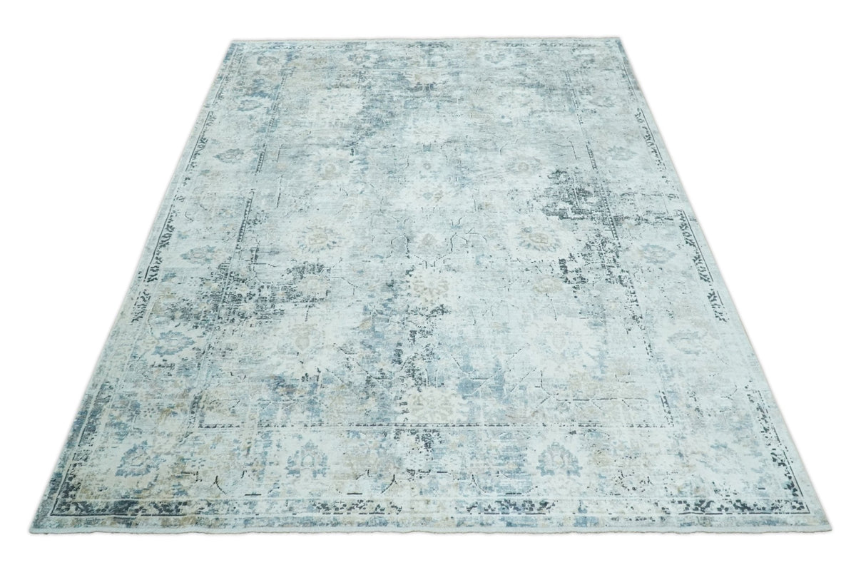 Ivory And Blue Vintage Design Modern Abstract Art Silk Area Rug