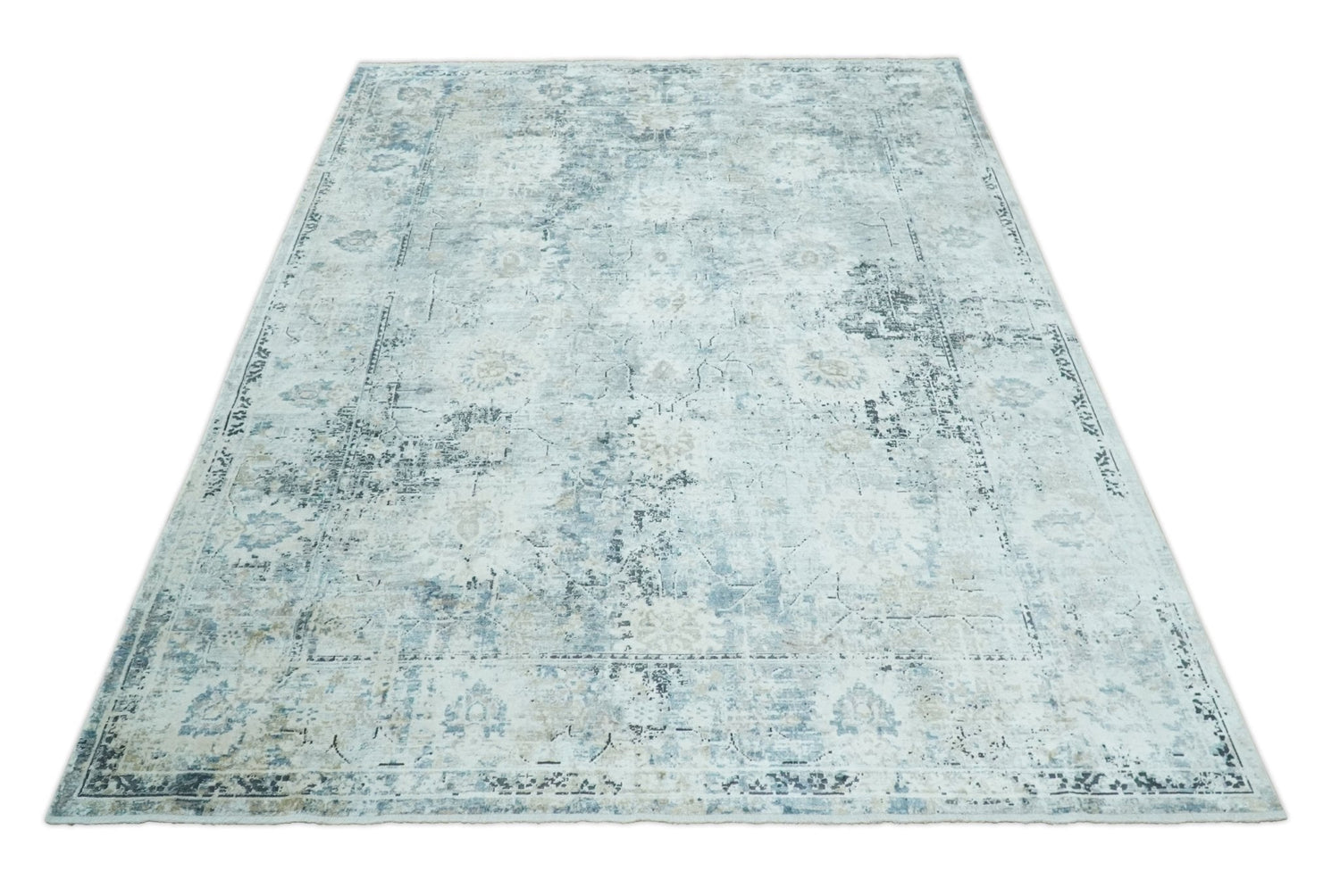 Ivory And Blue Vintage Design Modern Abstract Art Silk Area Rug
