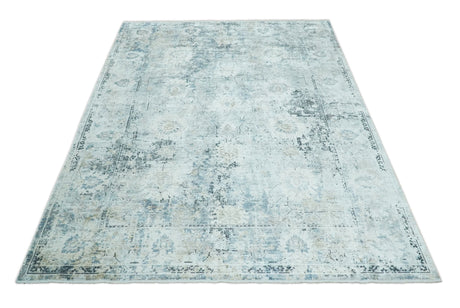 Ivory And Blue Vintage Design Modern Abstract Art Silk Area Rug