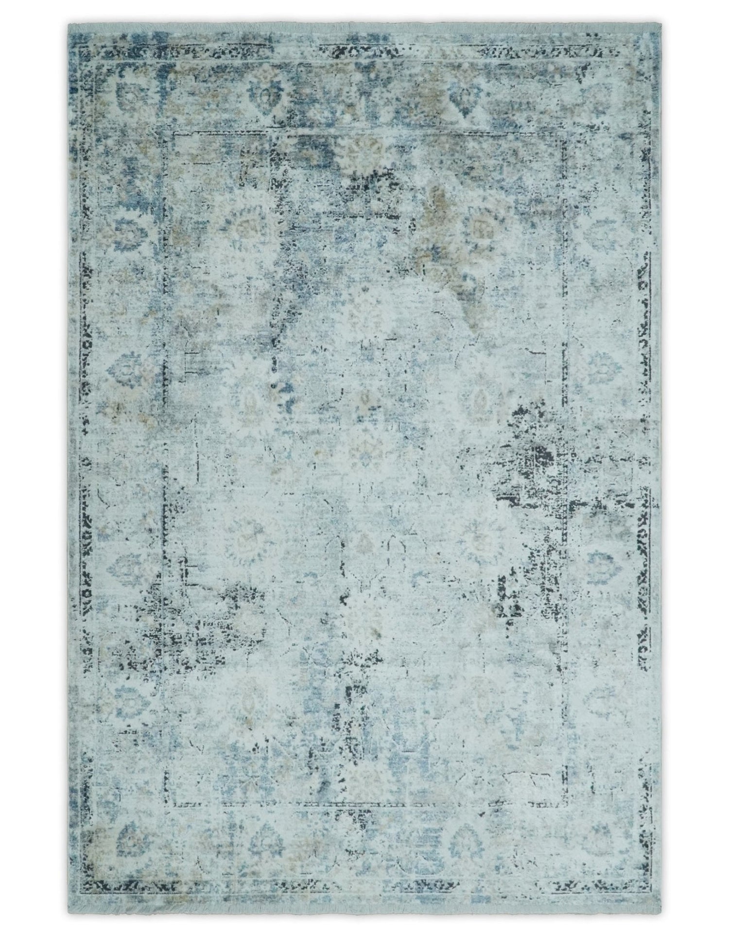 Ivory And Blue Vintage Design Modern Abstract Art Silk Area Rug