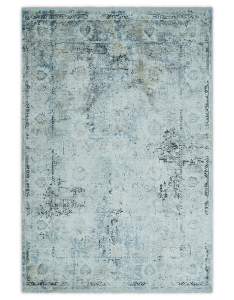 Ivory And Blue Vintage Design Modern Abstract Art Silk Area Rug