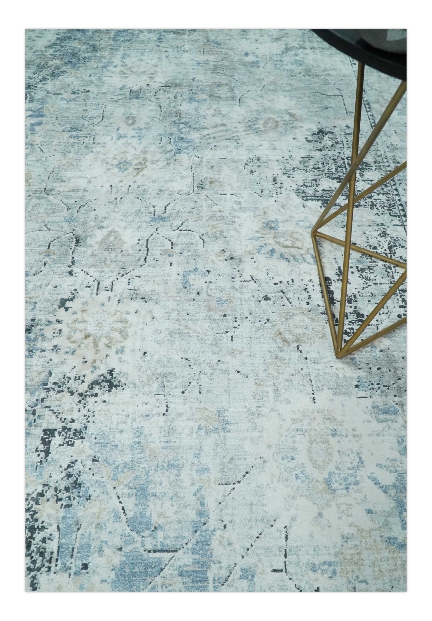 Ivory And Blue Vintage Design Modern Abstract Art Silk Area Rug