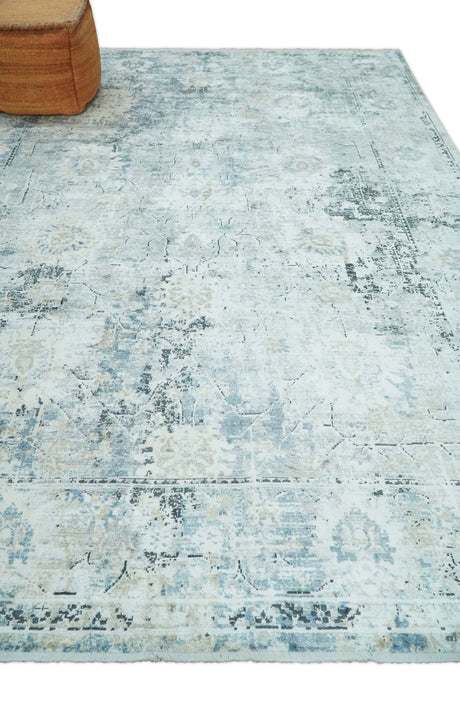 Ivory And Blue Vintage Design Modern Abstract Art Silk Area Rug