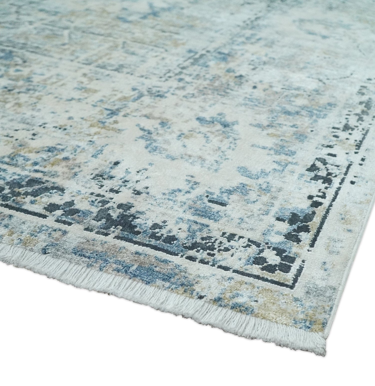 Ivory And Blue Vintage Design Modern Abstract Art Silk Area Rug