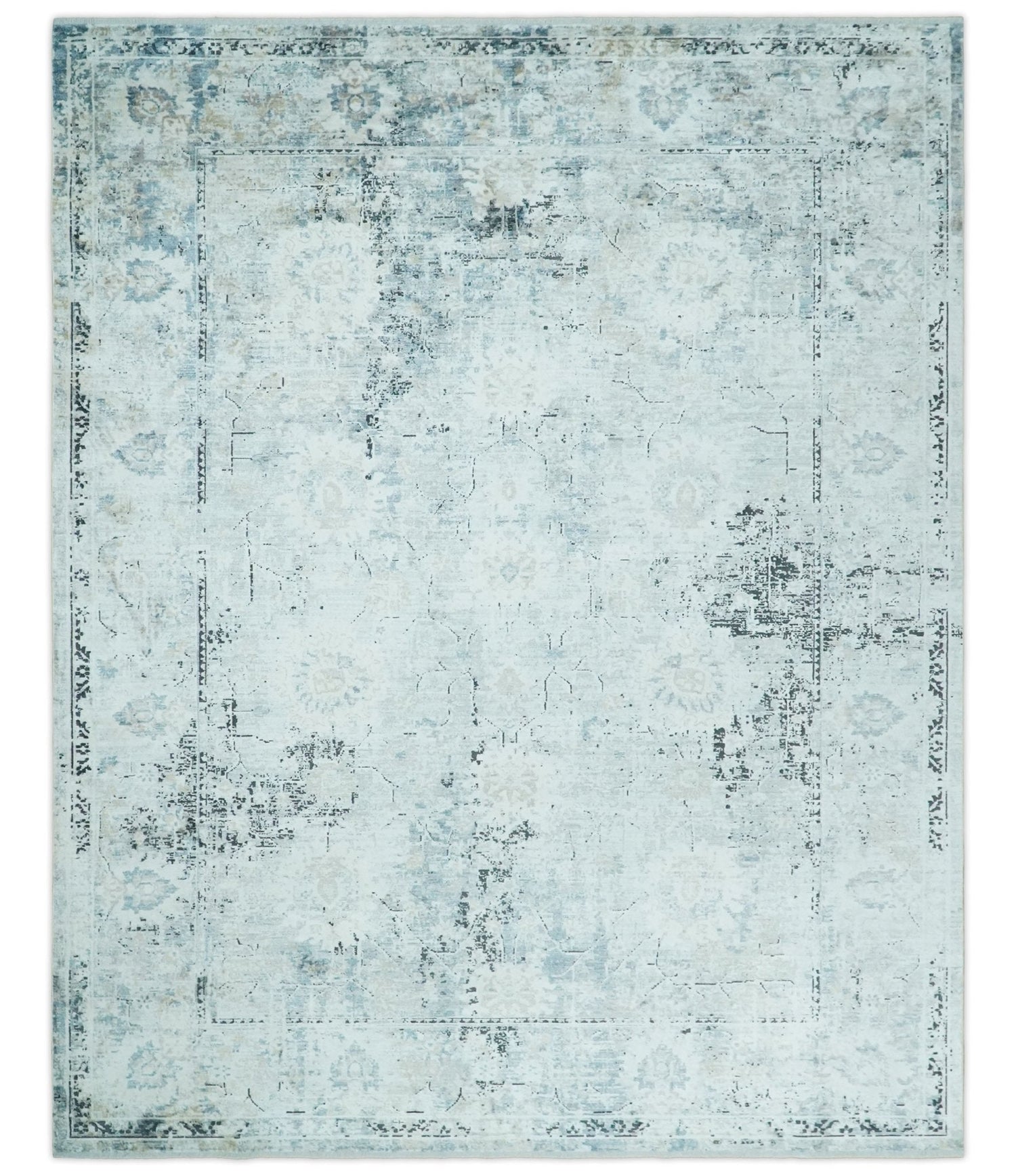 Ivory And Blue Vintage Design Modern Abstract Art Silk Area Rug