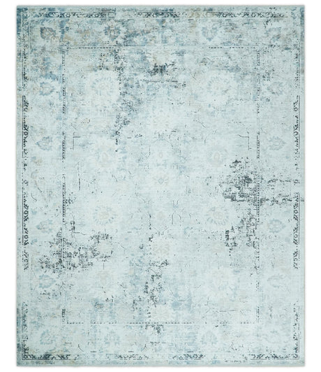 Ivory And Blue Vintage Design Modern Abstract Art Silk Area Rug