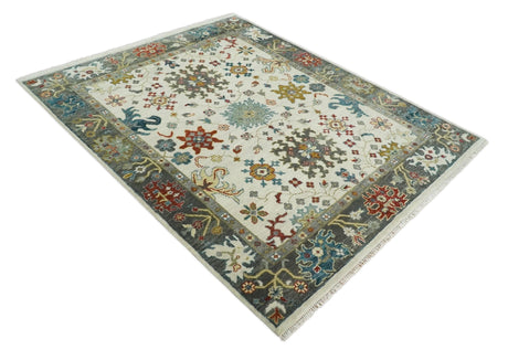 Ivory and Gray Floral Oushak Hand Knotted Custom Made Wool Area Rug
