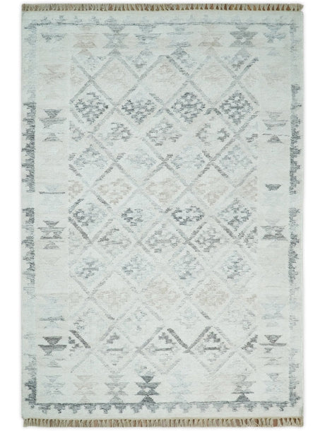 Ivory and Gray Modern Geometrical Hand Woven Wool Rug