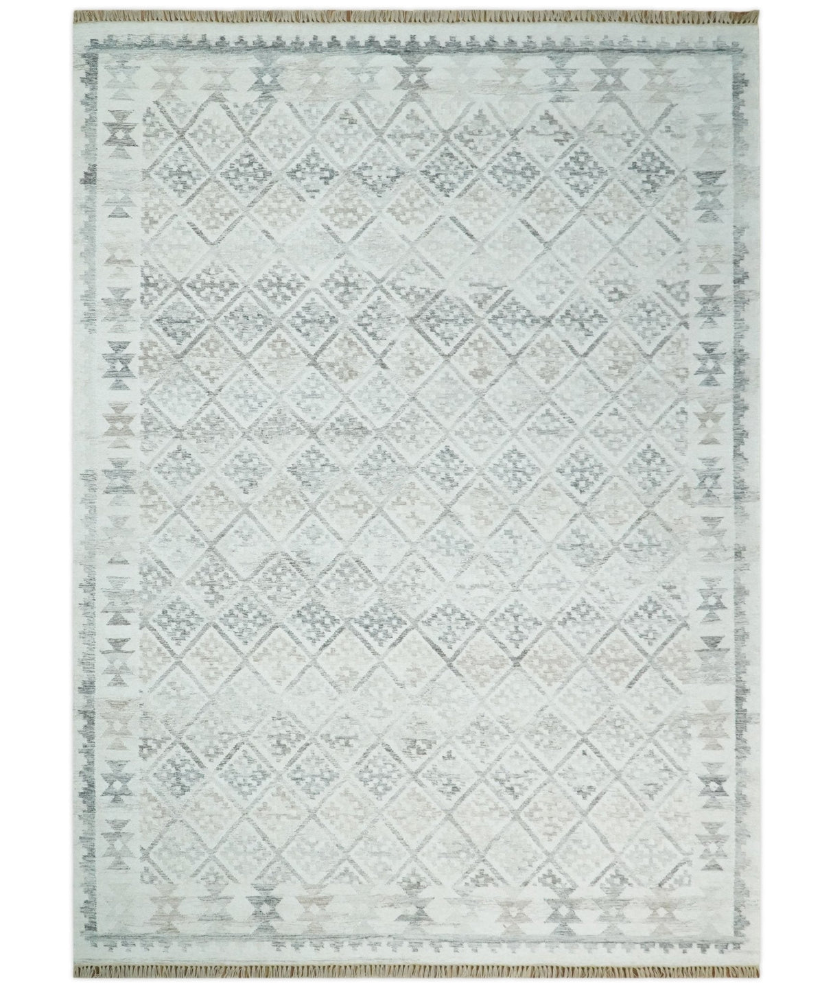 Ivory and Gray Modern Geometrical Hand Woven Wool Rug
