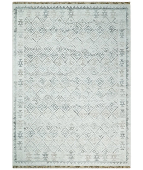 Ivory and Gray Modern Geometrical Hand Woven Wool Rug