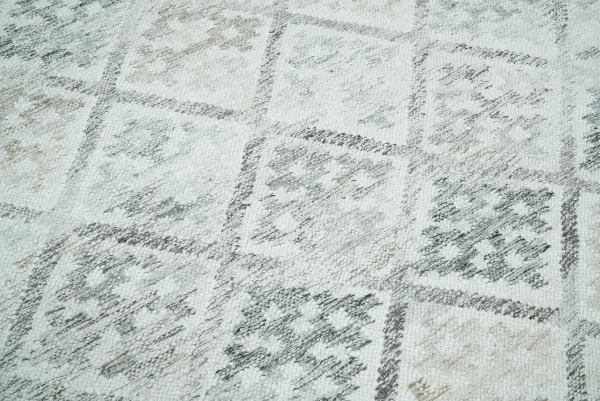 Ivory and Gray Modern Geometrical Hand Woven Wool Rug