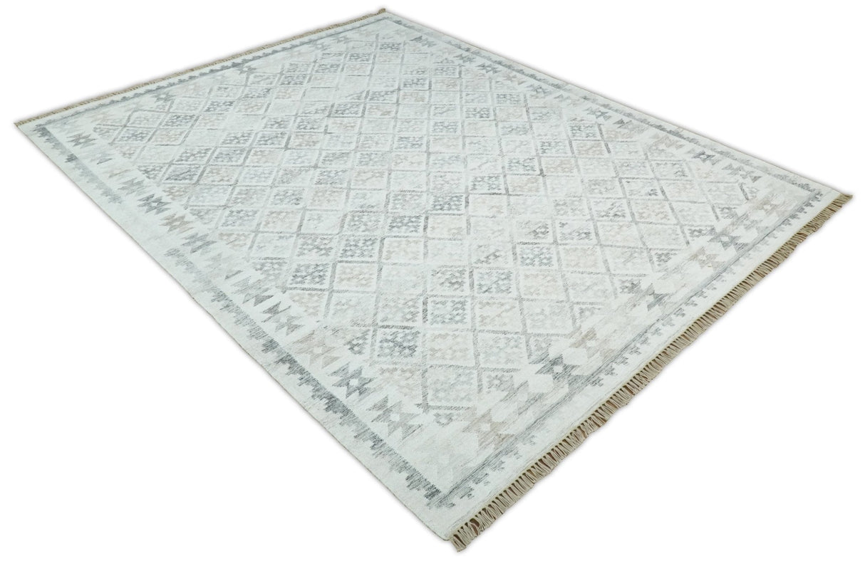 Ivory and Gray Modern Geometrical Hand Woven Wool Rug