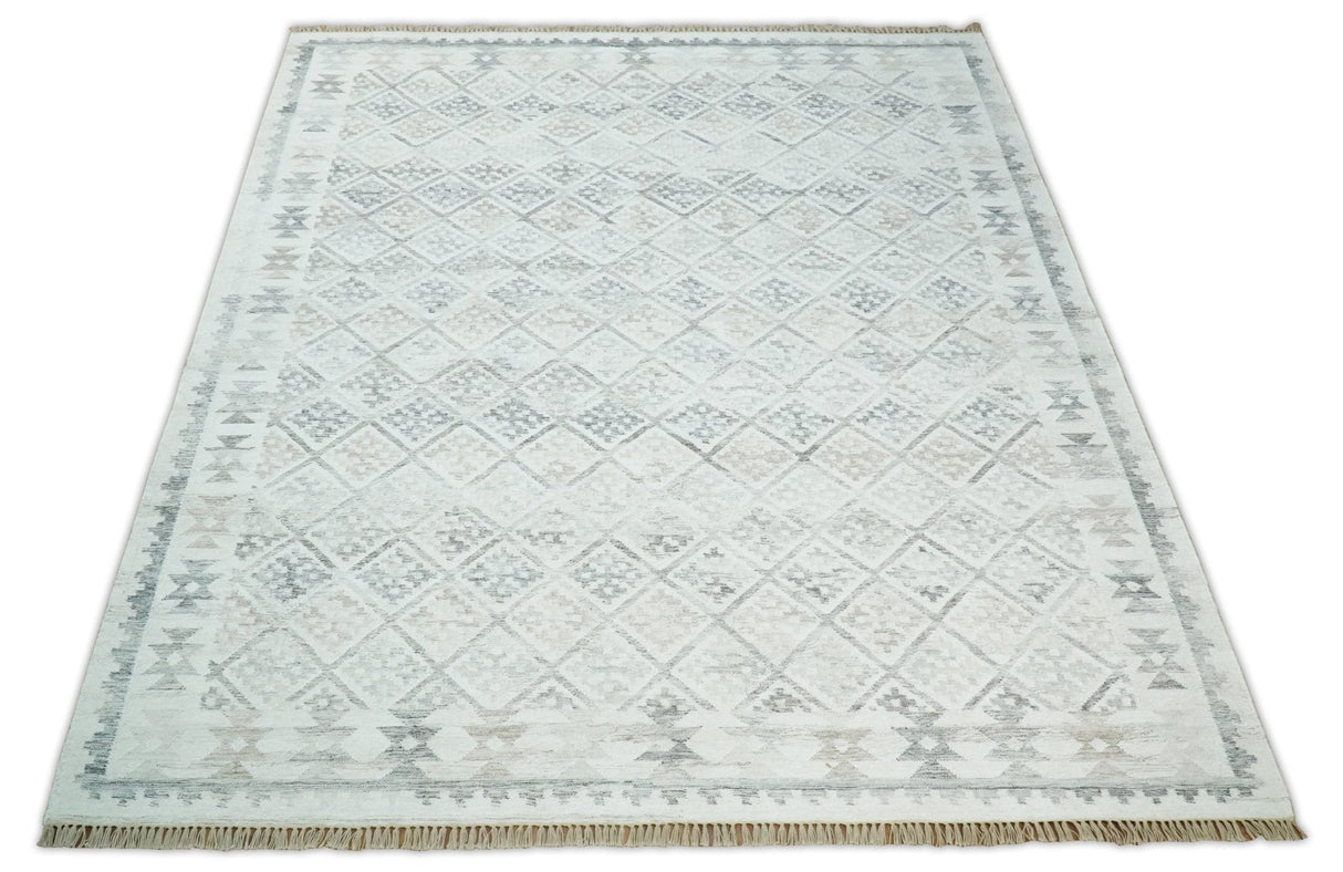 Ivory and Gray Modern Geometrical Hand Woven Wool Rug
