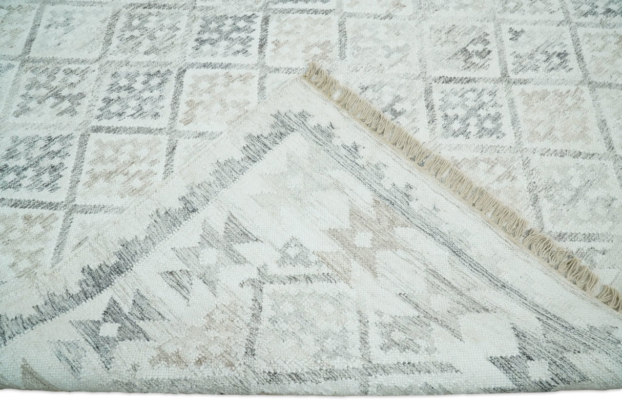 Ivory and Gray Modern Geometrical Hand Woven Wool Rug