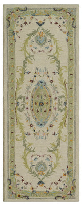 Ivory and Green Custom Made French Design Aubusson Hand Tufted Wool Area Rug