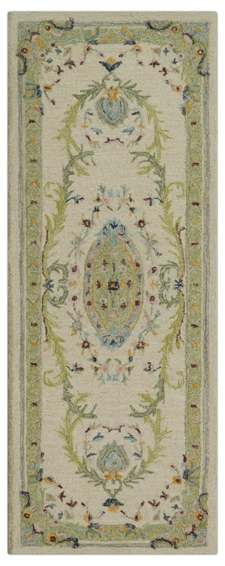 Ivory and Green Custom Made French Design Aubusson Hand Tufted Wool Area Rug