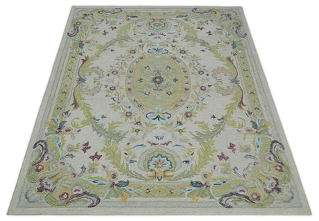 Ivory and Green Custom Made French Design Aubusson Hand Tufted Wool Area Rug