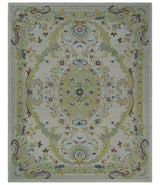 Ivory and Green Custom Made French Design Aubusson Hand Tufted Wool Area Rug