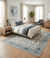 Ivory and Light Blue Traditional Oriental Hand Knotted Custom Made wool area Rug