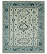 Ivory and Light Blue Traditional Oriental Hand Knotted Custom Made wool area Rug