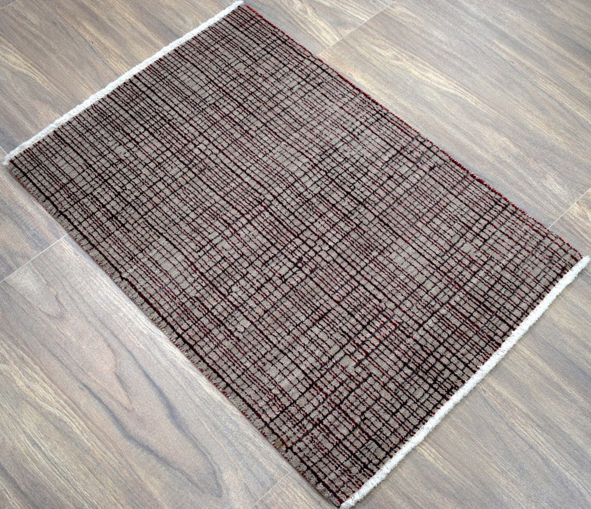 Ivory and Maroon Modern Style Hand Knotted 2x3 Wool Area Rug