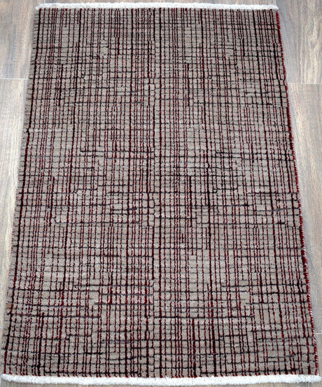 Ivory and Maroon Modern Style Hand Knotted 2x3 Wool Area Rug